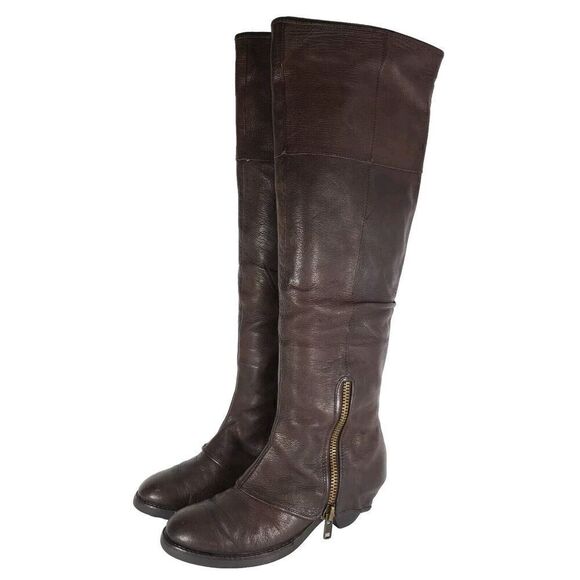 Ash Women's Tentation US7-7,5 Brown Leather Tall Side Zips Cone Heel Riding Boot - Picture 1 of 13